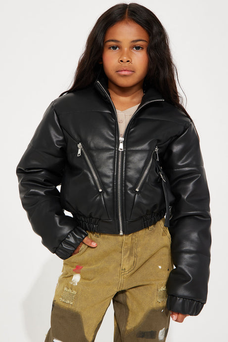Mini Puff Baby Faux Leather Bomber Jacket
